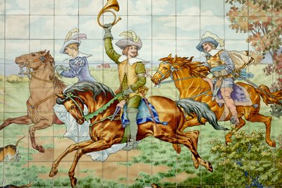 Vue intérieure, panneau de carreaux, peintre Furcy Ernest Tondeur, exécutant Boch Frères La Louvière, premier panneau, scène de chasse avec trois cavaliers, (détail) - . .