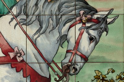 Vue intérieure, panneau de carreaux, peintre Furcy Ernest Tondeur, exécutant Boch Frères La Louvière, deuxième panneau, détail - . .