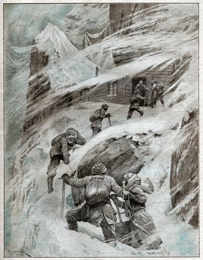 Touristes italiens bloqués dans la tempête dans les Alpes italiennes, 1925 (illustration) - . .