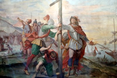 Débarquement de Christophe Colomb. Fresque. Palazzo Fieschi-Crosa Di Vergagni. Gênes. Italie - . .