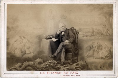 Commune de Paris : « La France en paix » portrait de Louis Adolphe Thiers (1797-1877) assis sur le dragon probable symbole de la commune - Frederick (attr. to) Barnard