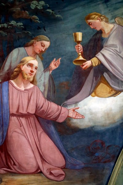 Église de Rumilly. Peinture murale. Jésus priant dans le jardin de Gethsémani après la Dernière Cène. France. - . .
