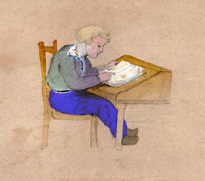 Écolier travaillant à son bureau. vers 1830 (illustration) - . .