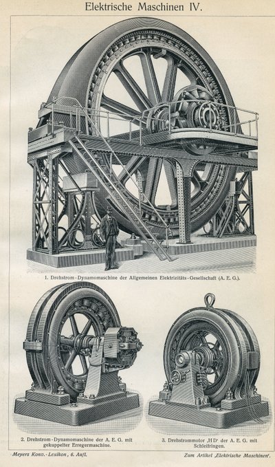 Tableau de science et technologie représentant des machines électriques industrielles à courant triphasé. Illustration tirée de « Meyers Grosses Konversations-Lexikon » 1904. Bibliographisches Institut, Leipzig et Vienne - Ferdinand Georg Waldmuller