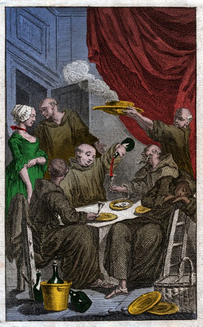 Le festin des moines violant les règles monastiques. Ils boivent du vin, courtisent les servantes. XVIIIe siècle (gravure) - . .