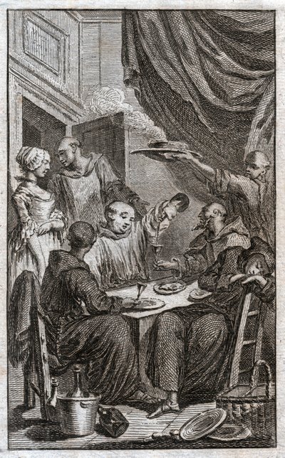 Le festin des moines violant les règles monastiques. Ils boivent du vin, courtisent les servantes. XVIIIe siècle (gravure) - . .