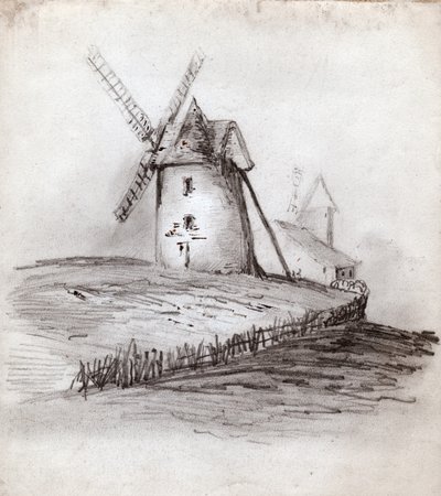 Moulin à vent en Normandie, France. vers 1830 (illustration) - . .
