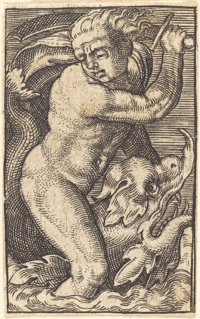 Copie inversée de "Dieu de la Mer à Gauche Montant un Dauphin" - after Barthel Beham