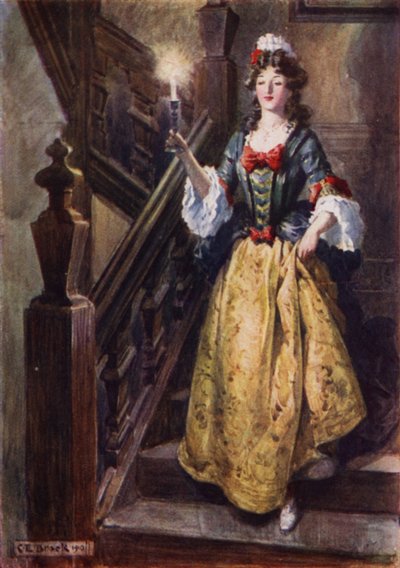 Mistress Beatrix descendant les escaliers de Walcote House pour saluer Esmond - after Charles Edmund Brock