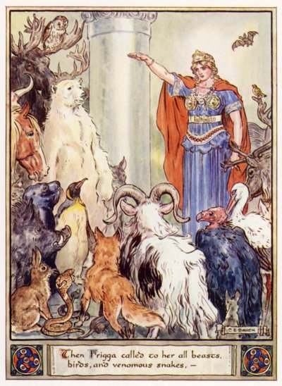 Alors Frigga appela toutes les bêtes, oiseaux et serpents venimeux - after Charles Edmund Brock