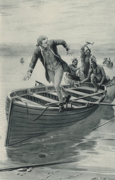 Le capitaine James Cook saute de son bateau alors que les Indiens rouges y montent - after Charles Mills Sheldon