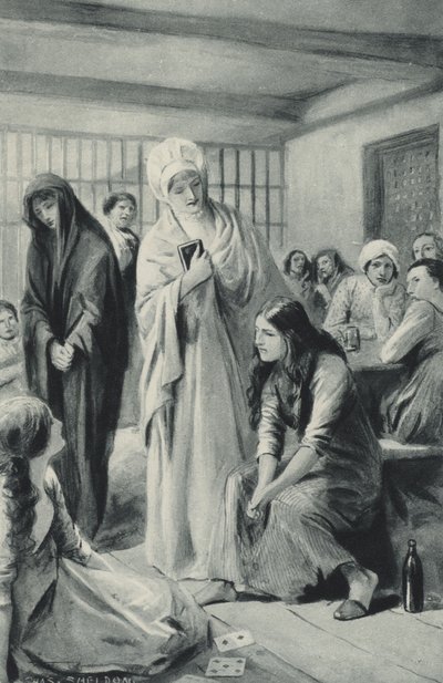 Elizabeth Fry entrant et sortant librement des cachots de Newgate - after Charles Mills Sheldon