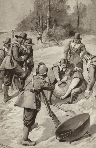 Les Pères Pèlerins frappent le sable et trouvent du maïs - after Charles Mills Sheldon