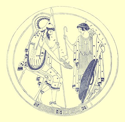 Un guerrier assis tenant sa coupe de vin, illustration des Peintures de vases grecs par J. E. Harrison et D. S. MacColl, publié en 1894 - after English School