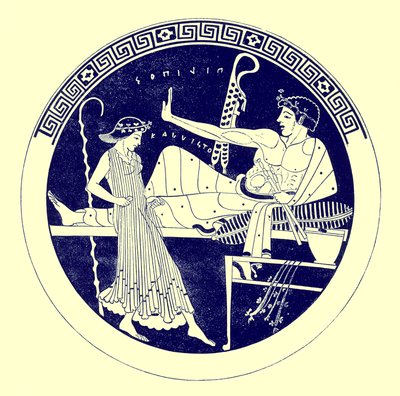 Danseuse et jeune homme festoyant, illustration de Peintures de vases grecs par J. E. Harrison et D. S. MacColl, publié en 1894 - after English School