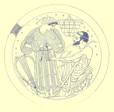 Intérieur de Cylix par Euphronios, illustration des Peintures de vases grecs par J. E. Harrison et D. S. MacColl, publié en 1894 - after English School