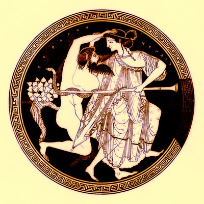Satyre et Ménade, illustration des Peintures de vases grecs par J. E. Harrison et D. S. MacColl, publié en 1894 - after English School