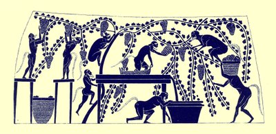 Satyres récoltant le raisin, illustration des Peintures de vases grecs par J. E. Harrison et D. S. MacColl, publié en 1894 - after English School