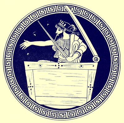 Thoas dans le coffre, illustration des Peintures de vases grecs par J. E. Harrison et D. S. MacColl, publié en 1894 - after English School