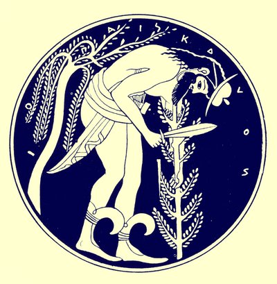 Bûcheron au travail, illustration de Peintures de vases grecs par J. E. Harrison et D. S. MacColl, publié en 1894 - after English School
