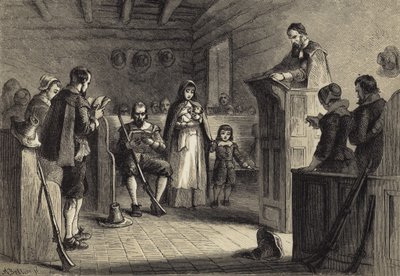 Culte Public à Plymouth par les Pèlerins - after Felix Octavius Carr Darley