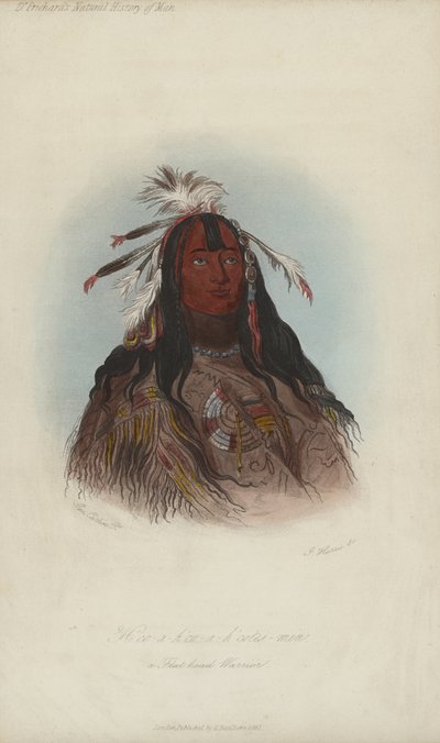 Héco-a-héco-a-hécotes-min, Un Guerrier Tête Plate (aquatinte) - after George Catlin