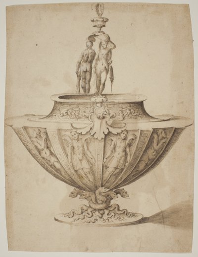 Un bol magnifique avec des figures et des scènes marines sur une base entourée de serpents - after Giulio Romano