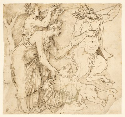 Un satyre, deux femmes, un lion et une chèvre - after Giulio Romano