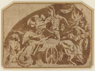 Fuite de Mérionès, avec Coéranos mort traîné hors du char - after Giulio Romano