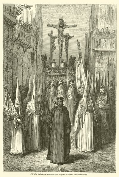 Cofrades (pénitents) accompagnant un paso - Gustave after Dore