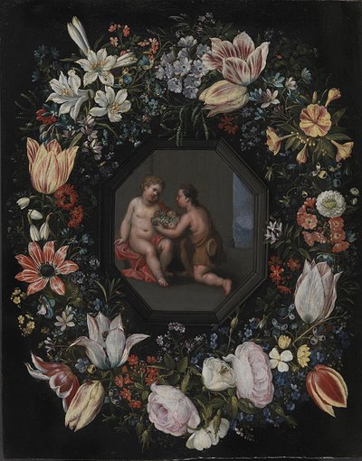 Couronne de fleurs avec Jésus et l