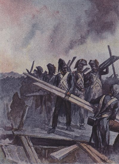 Soldats français construisant un pont de bateaux à la bataille d