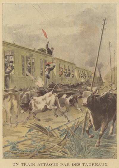 Un train attaqué par des taureaux - after Henri Meyer