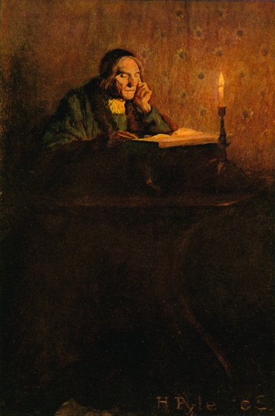 Un gentleman soigné et ratatiné assis à un bureau - after Howard Pyle