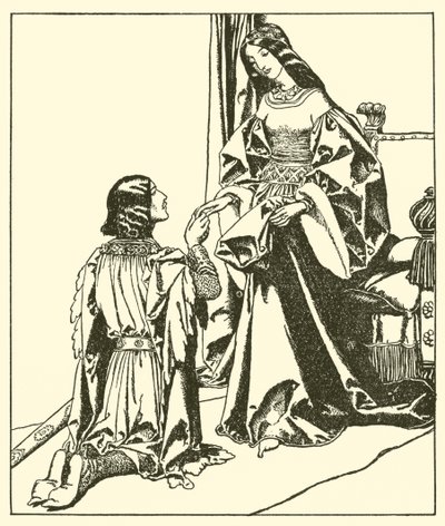 Sir Launcelot salue la reine Guenièvre - after Howard Pyle