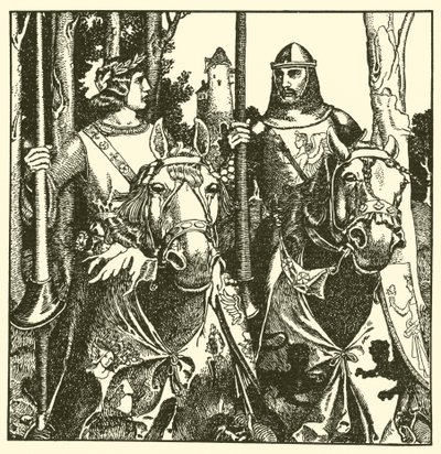 Sir Percival et Sir Lamorack chevauchent ensemble - after Howard Pyle