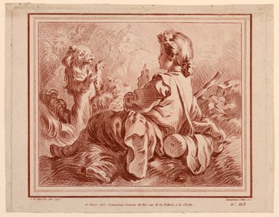 Berger assis jouant avec un chien - after Jean Baptiste Huet