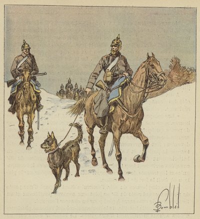 Cavaliers prussiens en reconnaissance, précédés de chiens tenus en laisse - after Louis Charles Bombled