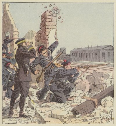 Défense de la gare de Tien-Tsin par les fusiliers marins - after Louis Charles Bombled