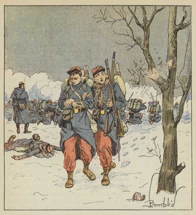Le fourrier Delorme, blessé, se retire sous les balles - after Louis Charles Bombled