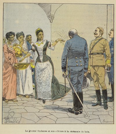 Le général Duchesne et ses officiers à la cérémonie du bain - after Louis Charles Bombled