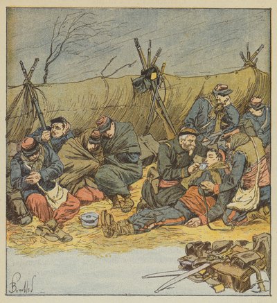 Les soldats, ne pouvant plus rester sous la tente, improvisent des abris - after Louis Charles Bombled