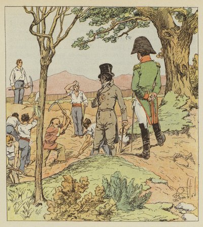 Napoléon examine les fortifications que le Gouverneur fait élever autour de Longwood - after Louis Charles Bombled