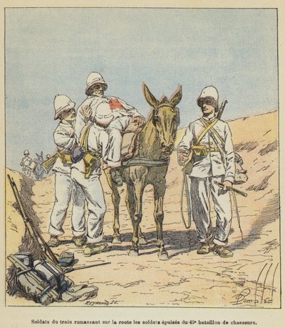 Soldats du train ramassant sur la route les soldats épuisés du 40e bataillon de chasseurs - after Louis Charles Bombled