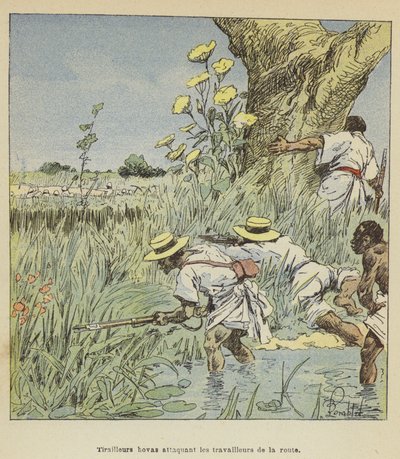 Tirailleurs hovas attaquant les travailleurs de la route - after Louis Charles Bombled