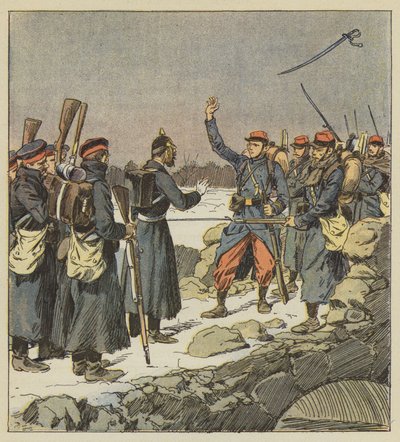 Un officier allemand rend son épée à un caporal français qui la jette au vent - after Louis Charles Bombled