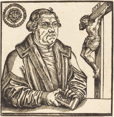 Martin Luther, mi-longueur à gauche avec un livre dans ses mains - after Lucas Cranach the Younger