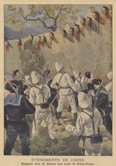 La Rébellion des Boxers : les têtes décapitées de quatorze Boxers exposées sur les murs de Tchio-Tchao - after Oswaldo Tofani