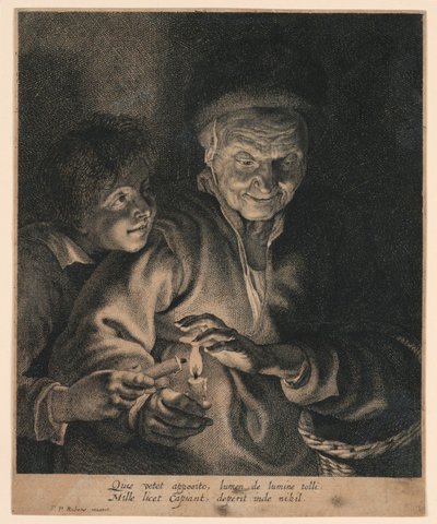 Vieille femme et un garçon avec des bougies - after Peter Paul Rubens