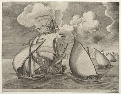 Navires à voile : Une flotte de galères escortée par une caravelle - after Pieter Bruegel